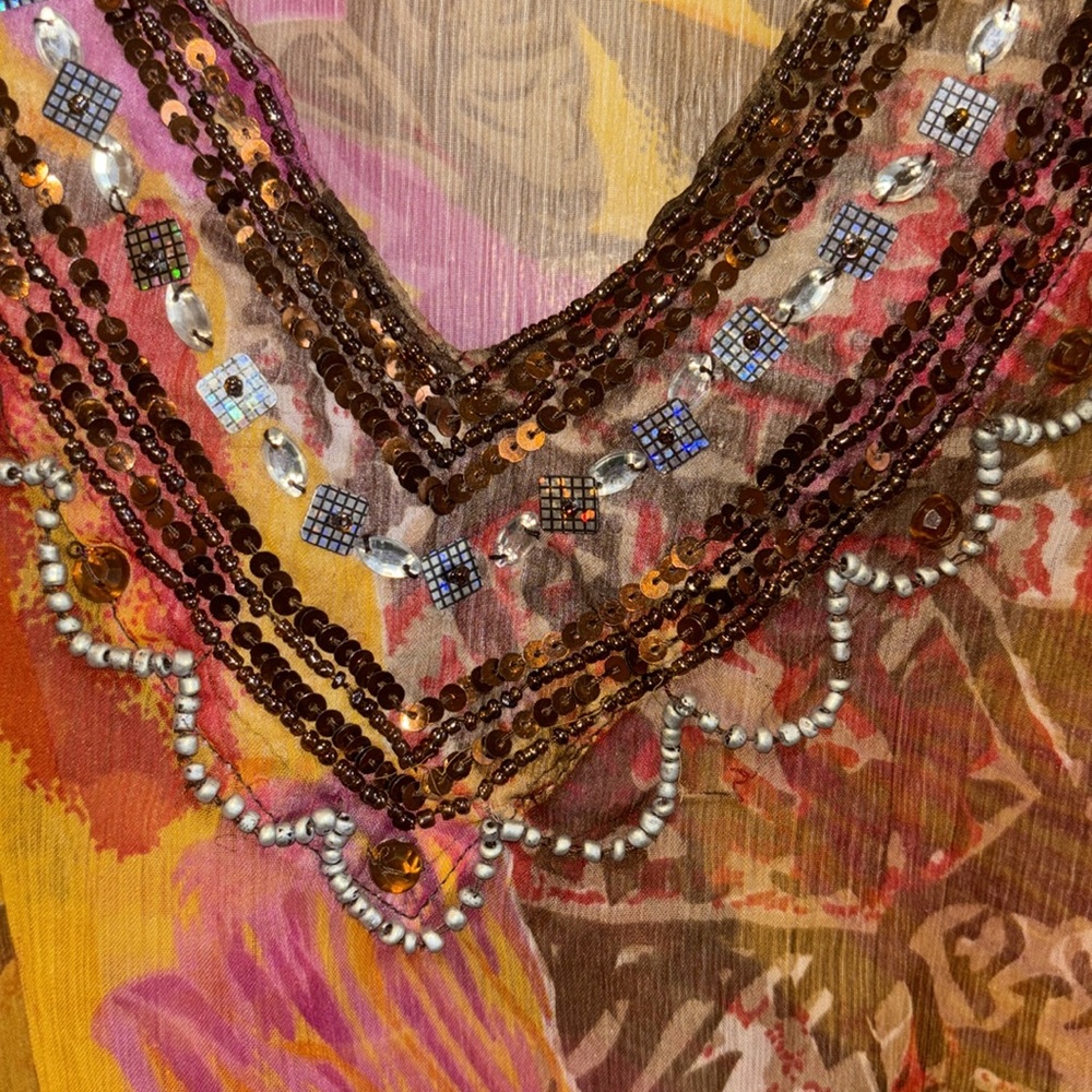 Sheer Floral Sequin-Trim Swim Coverup - Pink & Mustard - Picture 4 of 7
